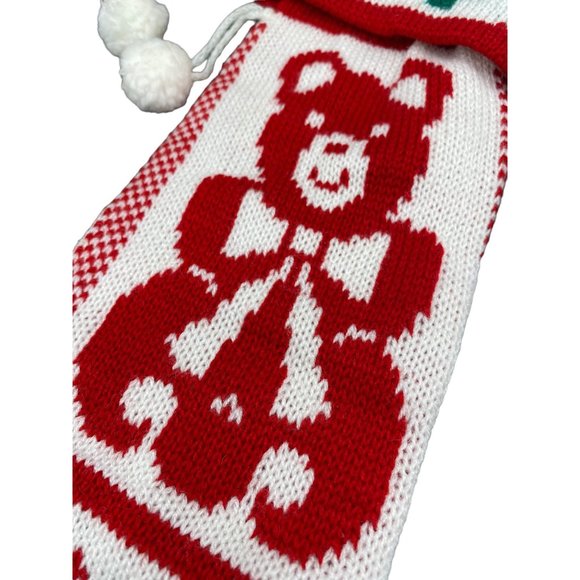 Vintage Teddy Bear Knit Christmas Stocking with pom poms 21" - Picture 6 of 14
